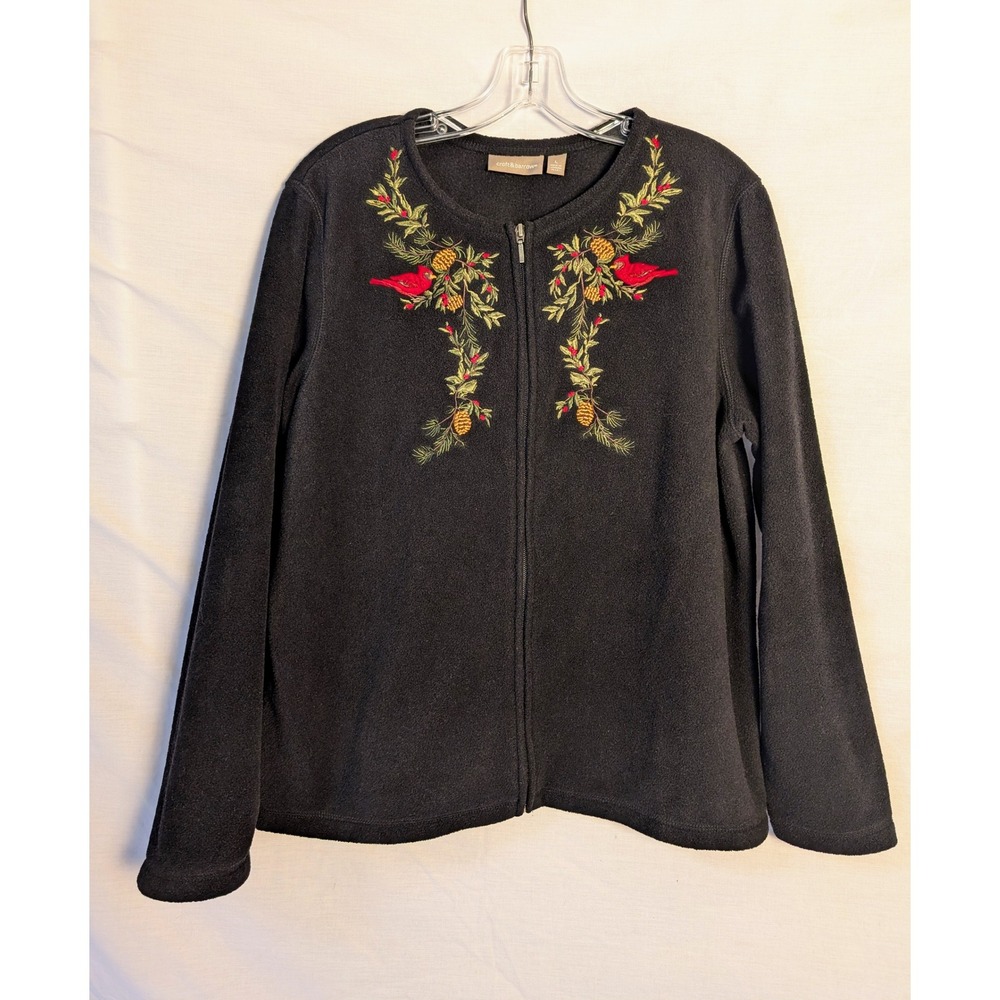 Croft & Barrow Women's L Black Fleece Zip Front Cardigan Holly Cardinal Holiday